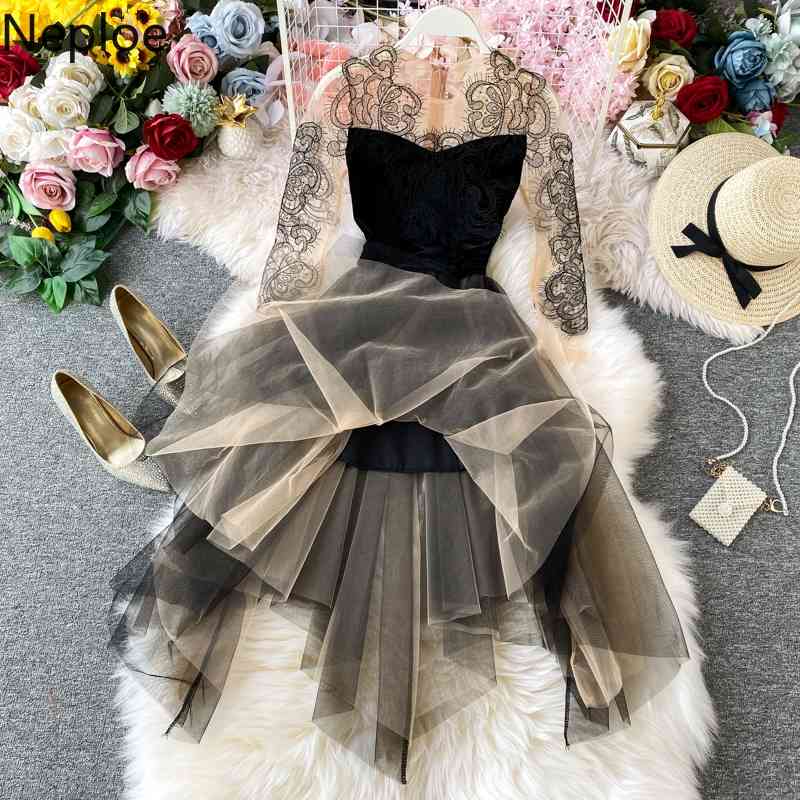 Neploe Mesh Velvet Vinatge Women Dress Spring Patchwork Elegant Female Party Dresses Embroidery Lace Ladies Vestidos 95187 210422