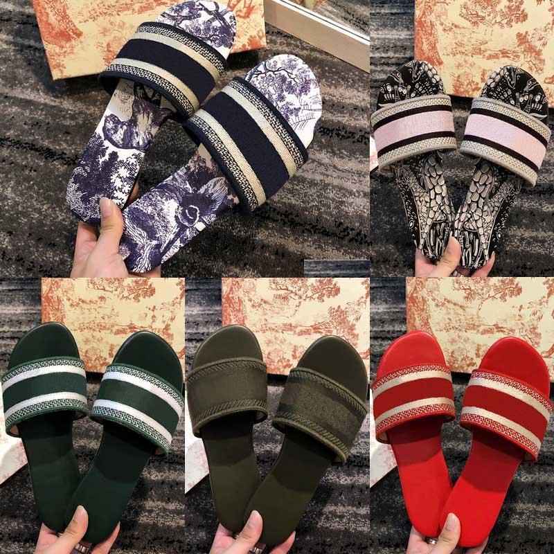2021 Women Sandals Slippers Embroiderd Floral Brocade Flip Flops luxuries loafers Striped Beach Genuine Leather Dazzle Flowers Slip6553#