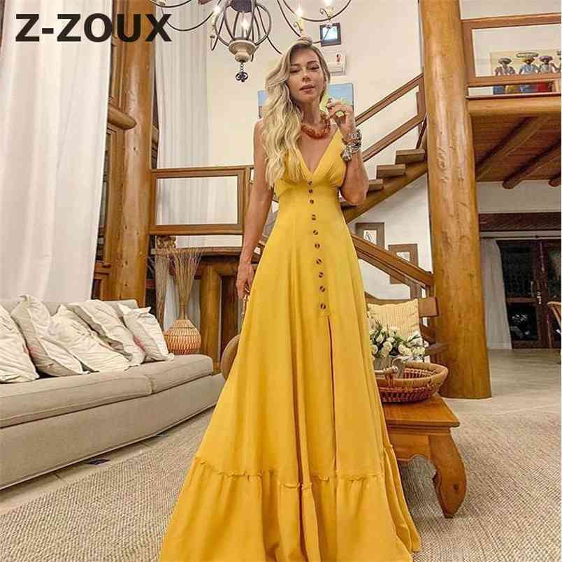 Women Dress Deep V Neck Sleeveless Sling Maxi es Solid Backless Vintage Loose Long Summer es 210513