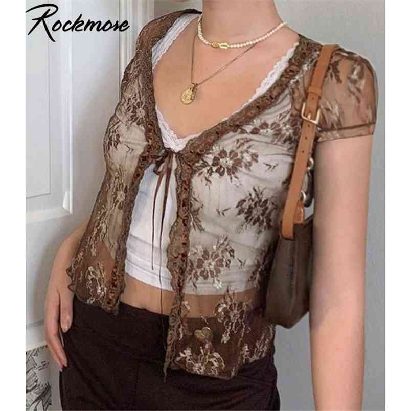 Rockmore Brown Mesh Transparent Tshirt Women Lace Up Cardigan Tops Y2K Short Sleeve Tees Shirts Streetwear Summer Sexy T-shirt 210406