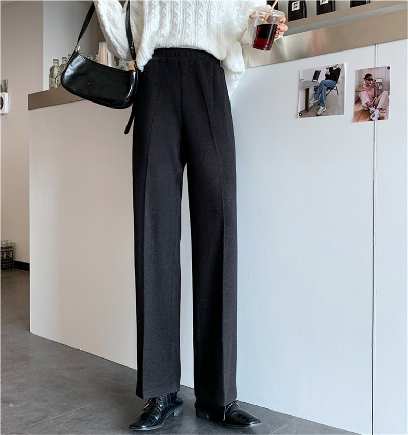 Elegant High Waist Straight Wide Leg Woolen Pants Women Bottom Autumn Winter OL Solid Thick Loose Suit Trousers Femme 210421