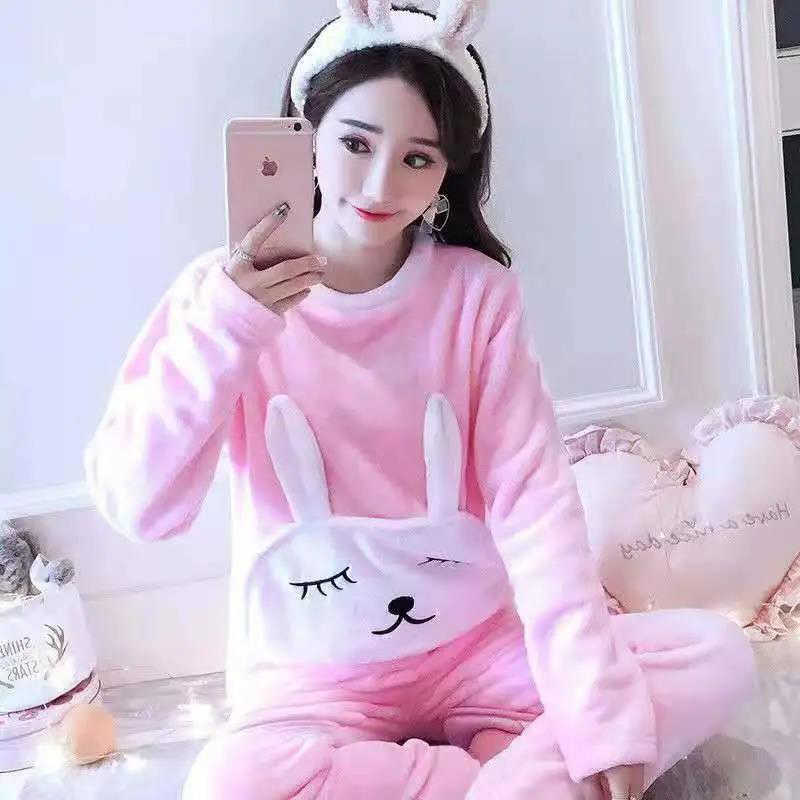 Autumn Winter Warm Women's Pajamas Sets Thick Flannel Coral Velvet Long Sleeve Cartoon Sleepwear Pijamas Trouser Suits Girl 210924