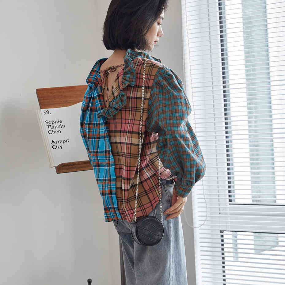 QoerliN Fall Contrast Color Plaid Shirt Women Retro Loose Casual Elegant Ruffles Blouse Ladies Shirt Fashion Lantern Sleeve Tops 210412
