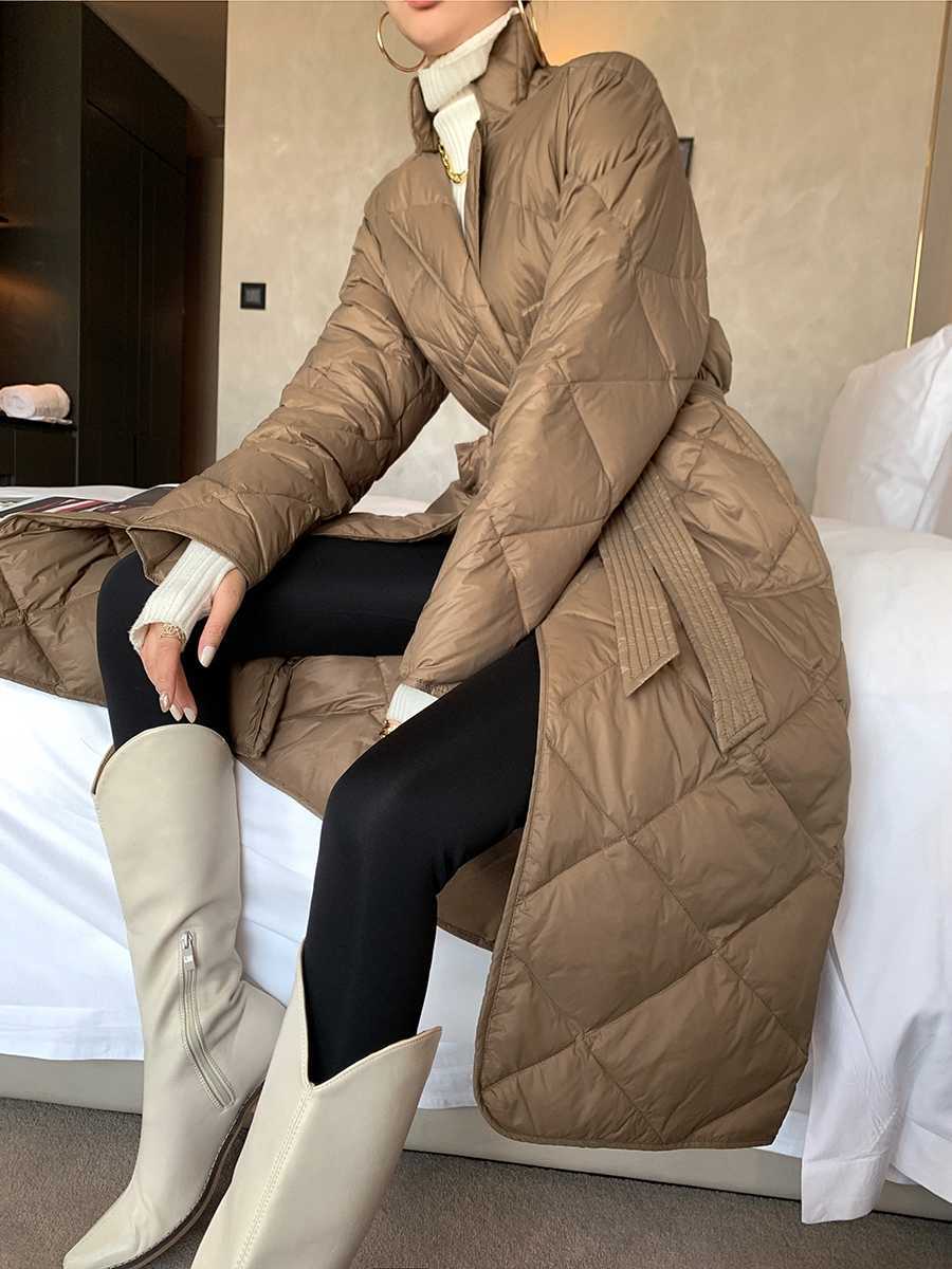 Long Winter Coat Rhombus Pattern Casual Sashes Women Parkas Pockets Tailored Collar Puffer Jacket Cotton-padded Outwear 211014
