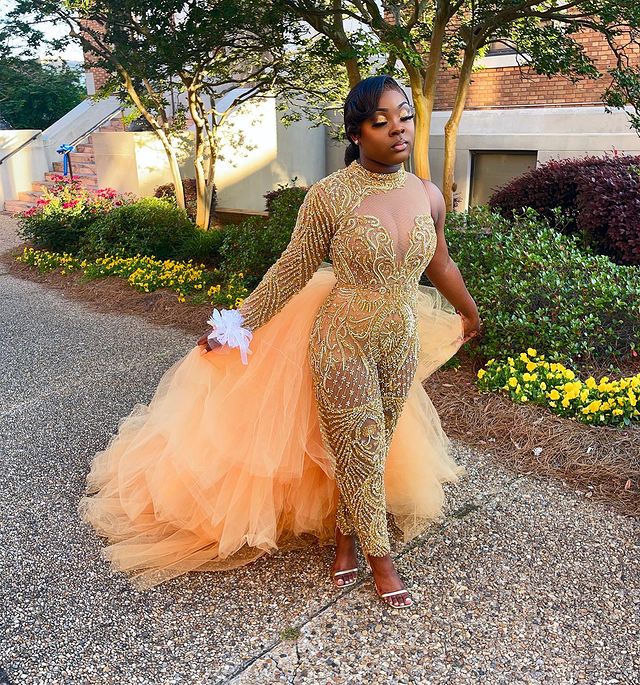 2021 Plus Size Arabic Aso Ebi Gold Luxurious Sexy Jumpsuits Prom Dresses Lace Beaded Sheer Neck Evening Formal Party Second Reception Gowns Dress ZJ49