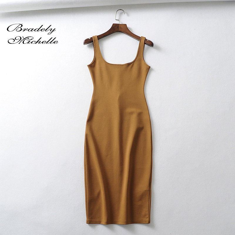 Bradely Michelle Summer Dress Vestido Women's Sexy Back slit Sleeveless Bodycon Tank Knee-length Dress 210331