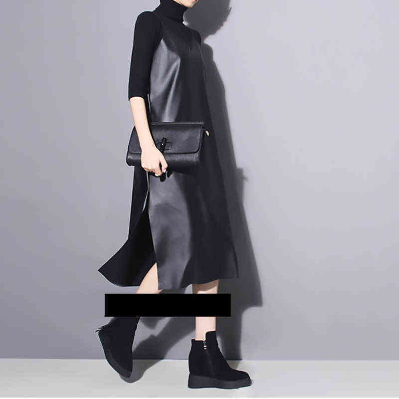 [EAM] Women Black Pu Leather Long Hem Slit Dress New V-Neck Sleeveless Loose Fit Fashion Tide Spring Autumn 2022 JO28701 G1214