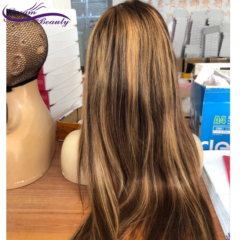 Highlight Brown Mixed Blonde Brazilian Wigs Straight Human Hair Machine made Synthetic Ombre Lace Frontal Wig