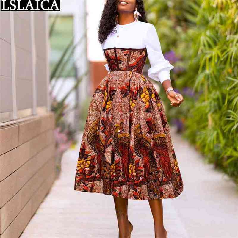 Elegant Dress Women Long Sleeve Print Color Matching O Neck Africa Style es for A Line Big Swing Casual Woman 210515