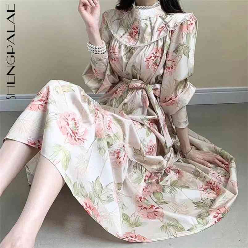 SHENGPLLAE Elegant Floral Dress Women's Spring Half High Collar Lace Stitching Up Waist Ruffle Maxi Dresses 5B480 210427