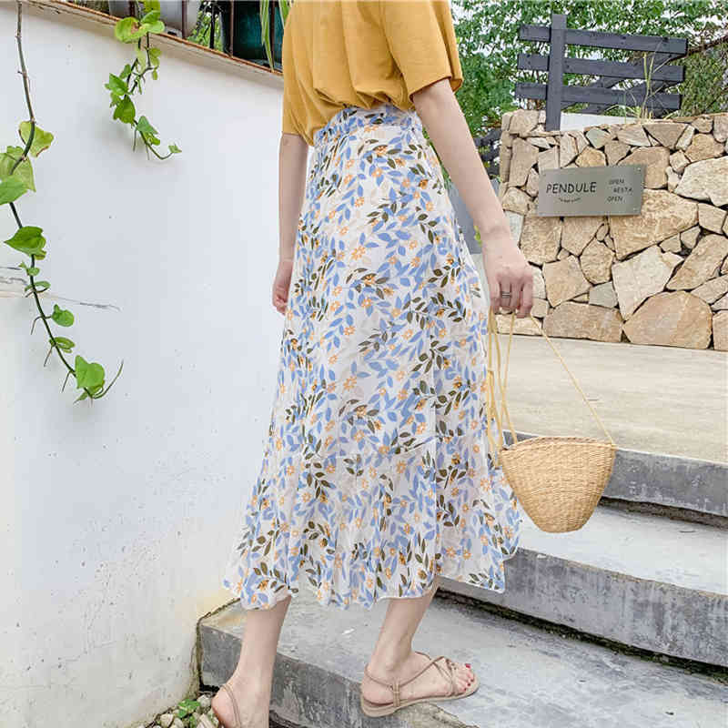 Summer Chiffon Skirt Women Lace-up Lotus Leaf Beach s Irregular Fishtail Floral Midi s Jupe Femme 10232 210518