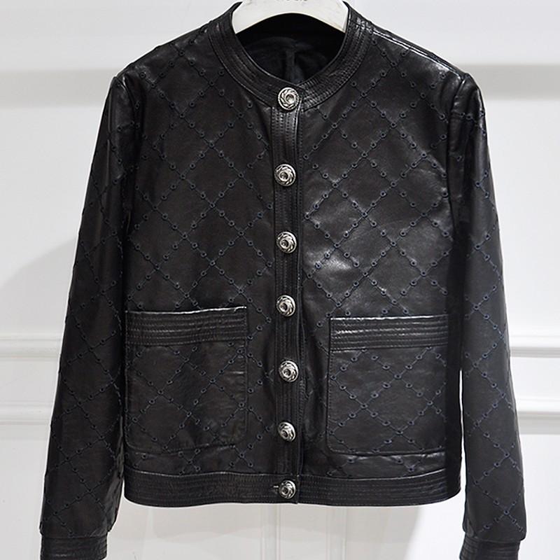 Womens High Quality Short Slim Genuine Leather Jackets Office Lady Single Breasted Diamond Lattice Design Sheepskin Coat Women's & Faux