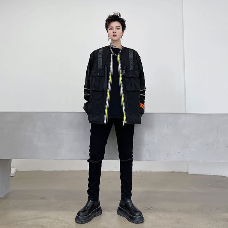 IEFB Men's Spring Jacket Zipper Long Sleeve Zipper Loose Oversized Workwear Black Jacket For Male Letter Print9Y6642 210524