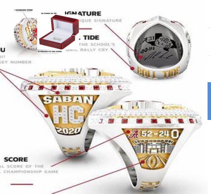 2021 wholesales 2020-2021 Alabama Crimson Tide National Championship Ring With Wooden Box Fan Gift wholesale Drop Shipping
2021 wholesales 2020-2021 Alabama Crimson Tide National Championship Ring With Wooden Box Fan Gift wholesale Drop Shipping