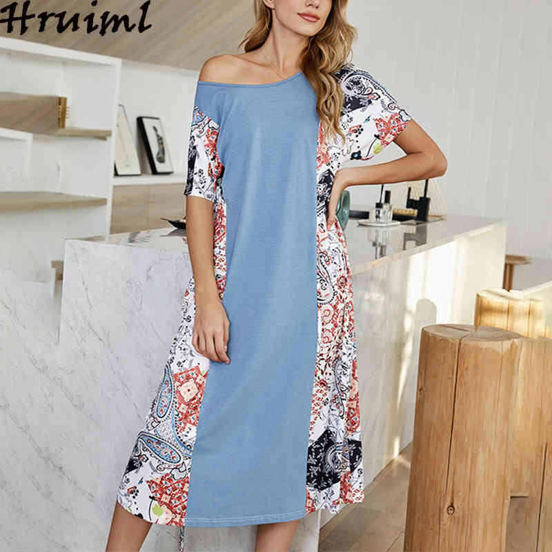 Patchwork Dress Printing Strappy Loose Short Sleeve Clothes for Women Fashion Personalized Mid-Calf Office Lady Kleider Damen 210513