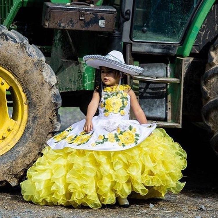 Modest Mexican daffodial Mini Pageant Quinceanera Dresses for Little Girls Halter 3D Floral Flowers Lace Flower Girl First Communion Dress