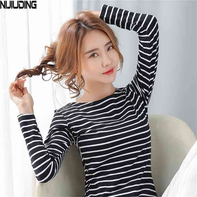 NIJIUDING Long Sleeve T Shirt Women Spring Autumn Tops Striped Base Tees Female Casual Round Neck T-Shirts Plus Size 5XL 210406