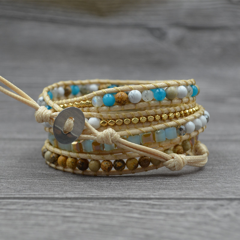 Women Leather Beaded Bracelet Ocean Stone Bead Strand Bohemian Wrap Turquoise Jasper Bangle Multilayer Jewelry