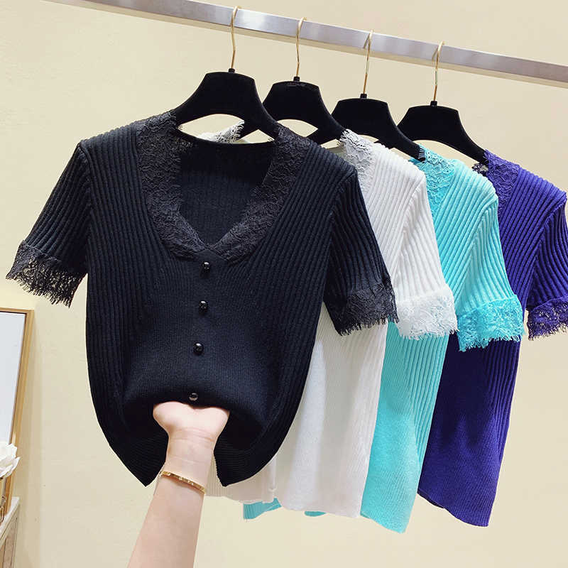 Summer Short Sleeve Lace Patchwork Tops Fashion Pullover Women Sweater Knitted Women Clothes Casual Tops Pull Femme Pink 210604, Black
Summer Short Sleeve Lace Patchwork Tops Fashion Pullover Women Sweater Knitted Women Clothes Casual Tops Pull Femme Pink 210604, Black