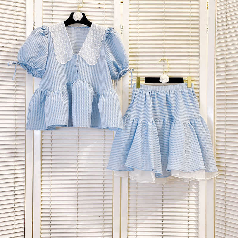 DEAT Women Lapel Puff Sleeve Shirt Ruffles Skirt Short Two Piece Set Fashion Temperament Spring Summer 11D1626 210709