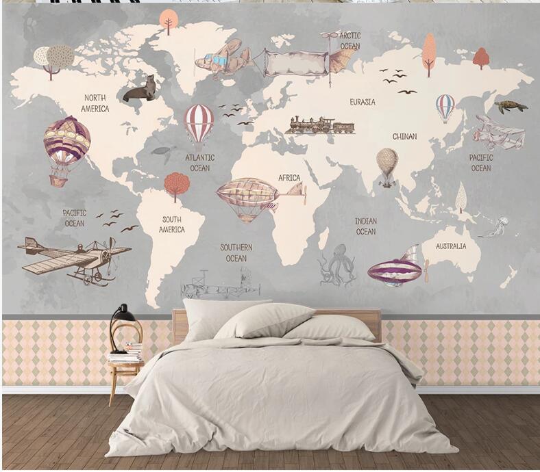 Custom wallpaper world map background wall decoration children's room map hot air balloon background 3d wallpaper mural