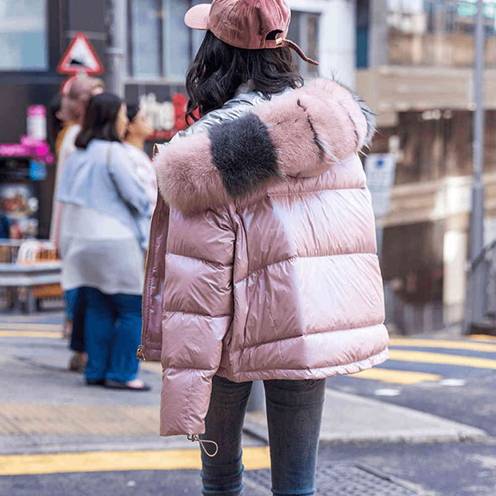 Real Fur Coat Natural Fox Collar Winter Jacket Women Loose Short Down White Duck Thick Warm Parka 210428