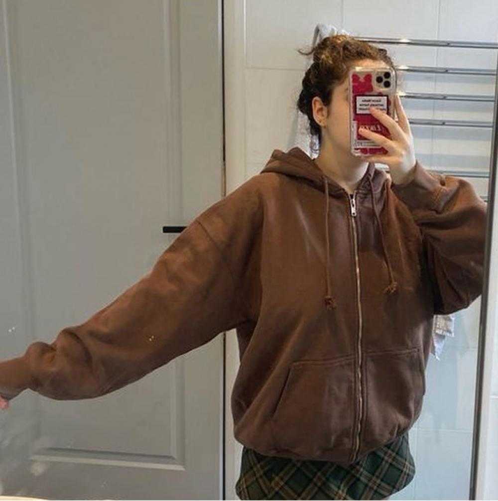 Jacket Overseas for Women Streetwear Top Brown Zip Up Sweatshirt Hoodie Y2K Egirl Oversize Hoodies Long Sleeve Pullover 210809