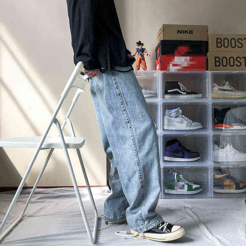 Men's Loose Black/Blue Straight Pants Solid Color Casual Baggy Homme Cargo Pocket Jeans Wide Leg Denim Trousers 211111