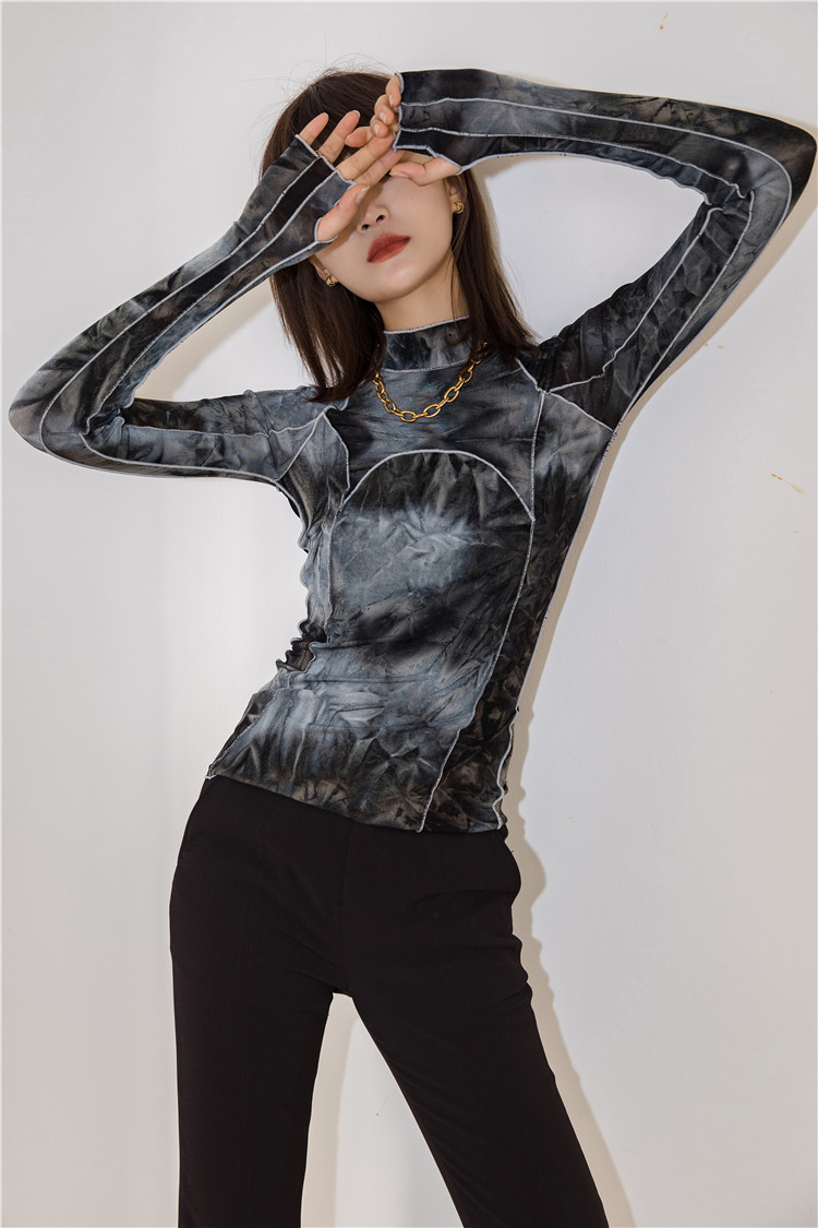 CHEERART Tie Dye Grey Black Turtleneck Woman Tshirts Bodycon Long Sleeve Top Women Fall Fashion Tee Shirt Femme Clothing 210406