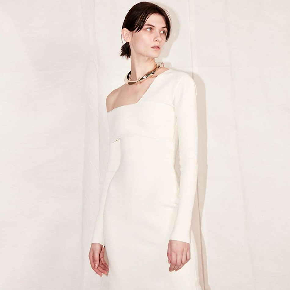 Winter Women One Shoulder Long Sleeve Bandage Dress Sexy Hollow Out White Celebrity Runway Party Bodycon Dresses 210423