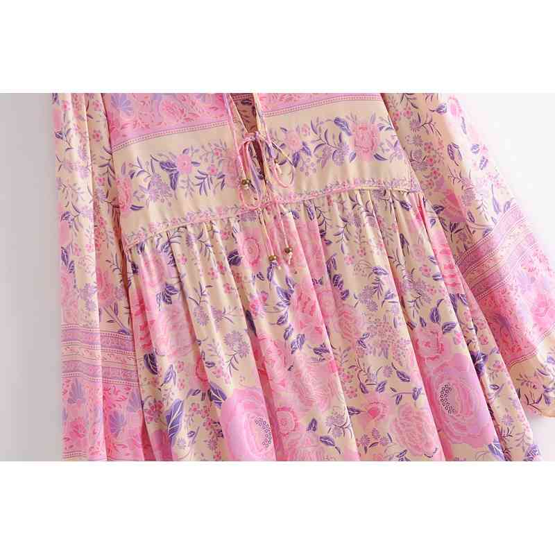 Bohemia Pink Contrast color Location Floral Print Long Sleeve Dress Ethnic Woman Bandage Strappy Collar Holiday Midi Dresses 210429