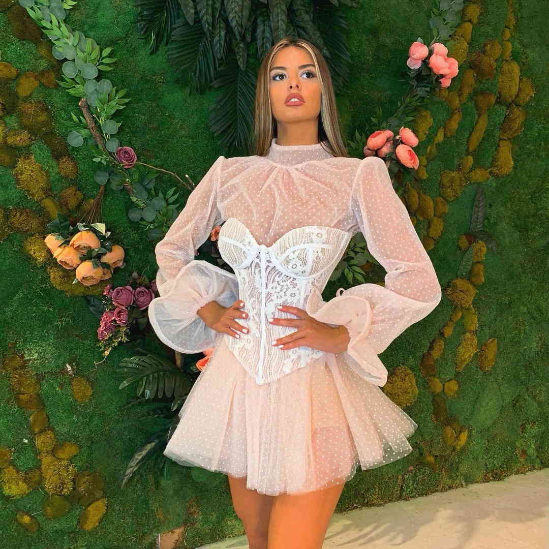 Women Dress Lantern Sleeve Mesh Lace Perspective Sexy Long Plus Size Summer es 210524