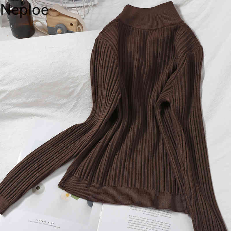 Neploe Sweaters for Women Turtleneck Zipper Knitted Pullovers Korean Solid Pleated Jumper Fall Woman Clothes Sueter Mujer 210422