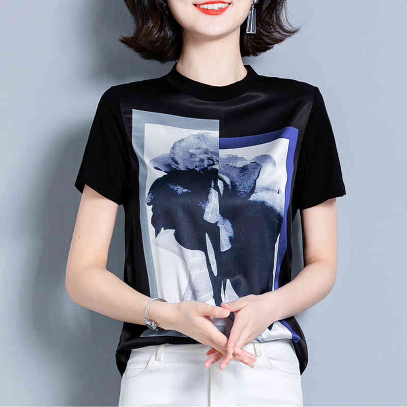 Summer Fashion O-Neck Silk Women Blouses Short Sleeve Print Shirt Tops and Plus Size Loose Clothes 10158 210427