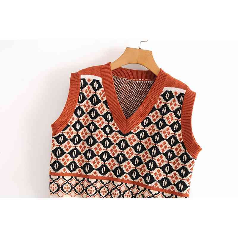 Fall Winter Vintage Korean College Style Argyle V-neck Loose Sleeveless Pullover Knit Sweaters Vest Jumper Top For Woman 210508