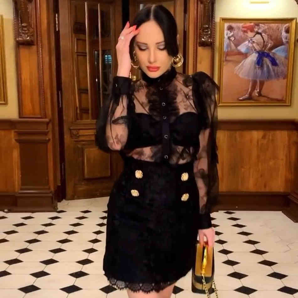 Summer Women Long Sleeve Bandage Sets Sexy Lace Buttons Club Celebrity Runway Party Black 3 Three Pieces 210423