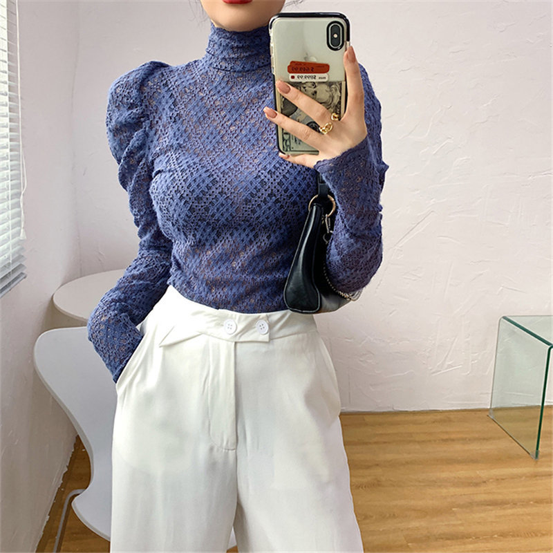 Lace Sexy Turtleneck Solid Female Chic Basic Slim High Quality All Match Women Autumn Tops Puff Sleeves T-shirt 210421