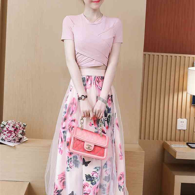 High quality Women Irregular T Shirt+Mesh Skirts Suits Bowknot Solid Tops Vintage Floral Skirt Sets Elegant Woman Two Piece Set 210519