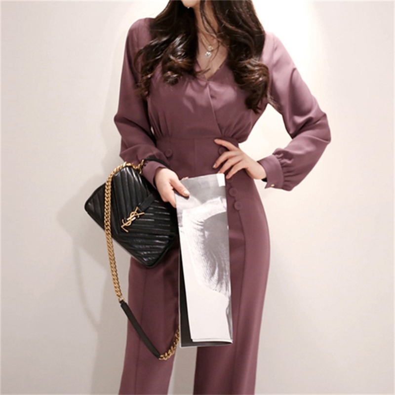 High Quality Spring Button V Collar Office Women Cloth Long Pant Slim High Waist Striped Overalls Work Casual Jumpsuit 210515