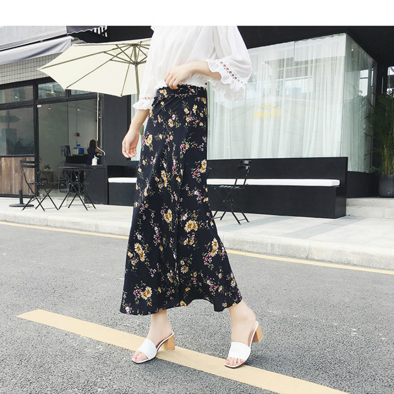 Tulle Skirt Black Harajuku Pleated Korean Long High Waist Streetwear Bohemian Floral A-Line 210428