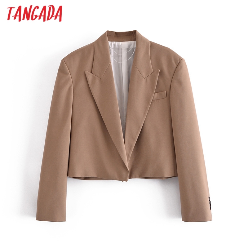 Women Fashion Solid Khaki Crop Blazer Coat Vintage Long Sleeve Female Outerwear Chic Tops 3H264 210416
