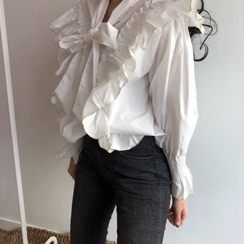 Women White Blouse Spring Korean Style Fashion Lace Bow Long-Sleeve Shirt Loose Black Female Tops 0735J 210420
