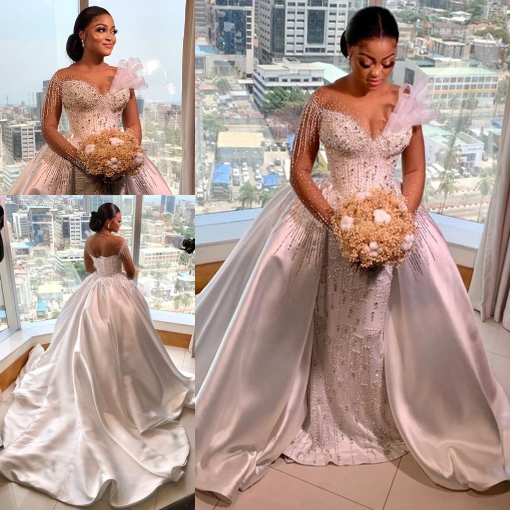 Luxury Crystal Plus Size Wedding Dresses with Detachable Train Long Sleeve Beaded Stain Lace-up Aso Ebi Vestidos novias boda 2022 Bridal Gown