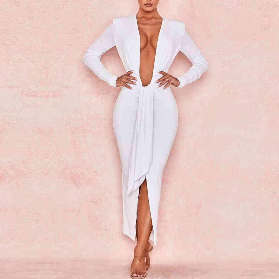 Women's Long Sleeve Dress Sexy White Split Deep VNeck Sashes Fashion Bodycon Femme Vestidos Club Party 210423