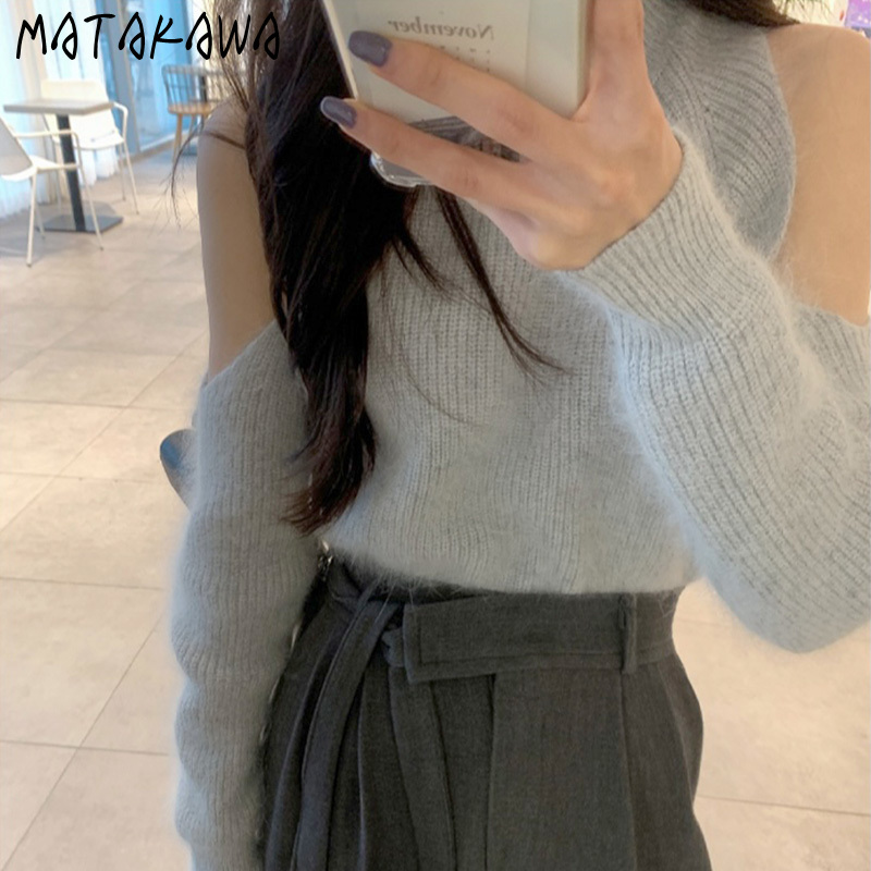 MATAKAWA Korean Spring Turtleneck Strapless Woman Sweaters Wild Mohair Long-sleeved Pullover Knitted Sweater Women 210513