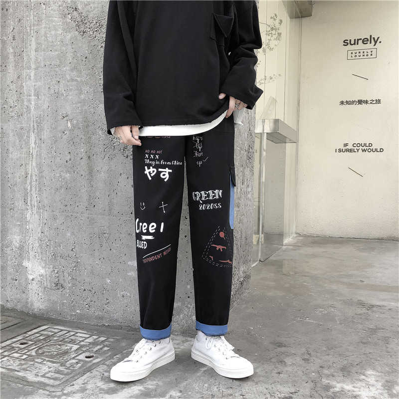 Straight Denim Jeans Men Graphic Printed Jeans Streetwear Jeans Man Wildleg Pants Hip Hop Korean Harajuku Fashion Pants 210930