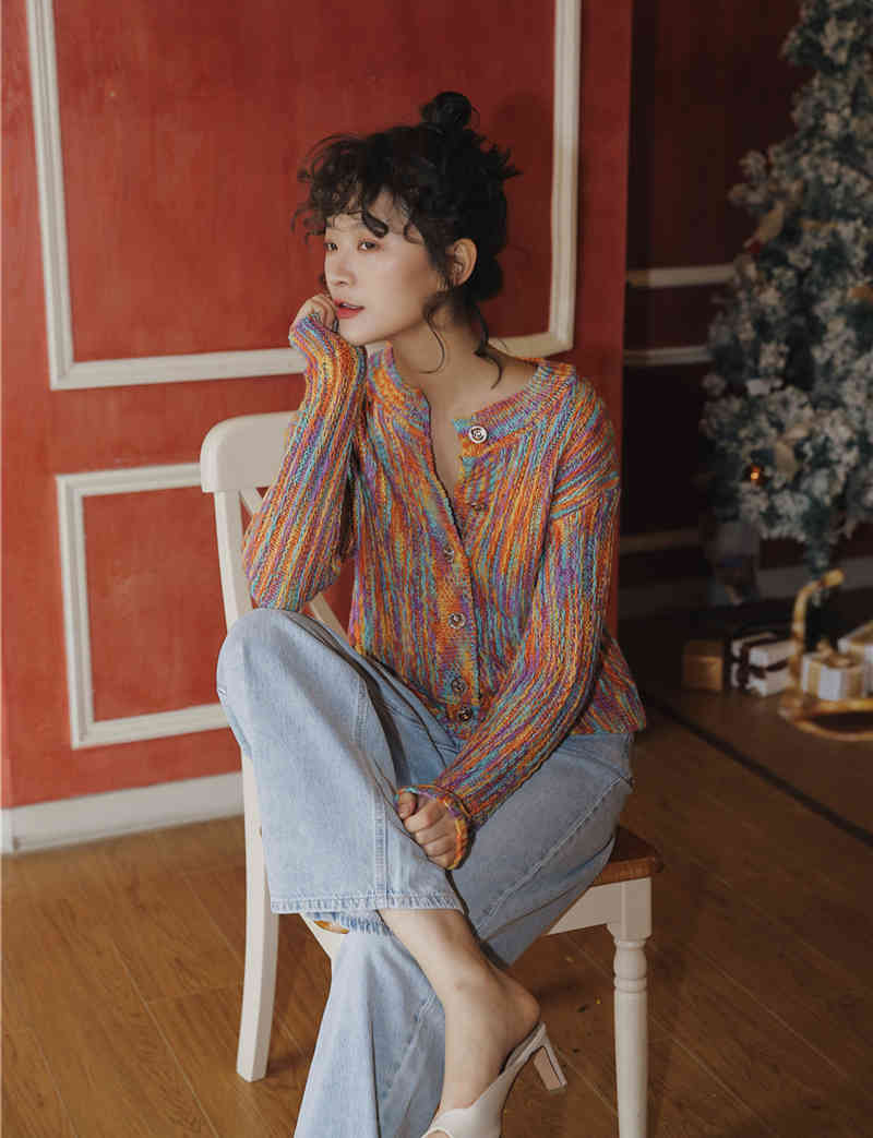 Autumn Colorful Sweater Cardigan Women Long Sleeve Button Up Rainbow Knitted Korean Fashion 210427