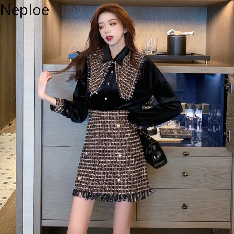 Neploe Two Piece Outfits Women Fall Clothes Elegant Velvet Shirt Tops Bodycon Tassels Mini Dresses Korean Chic Suit 2 Piece Set 210422