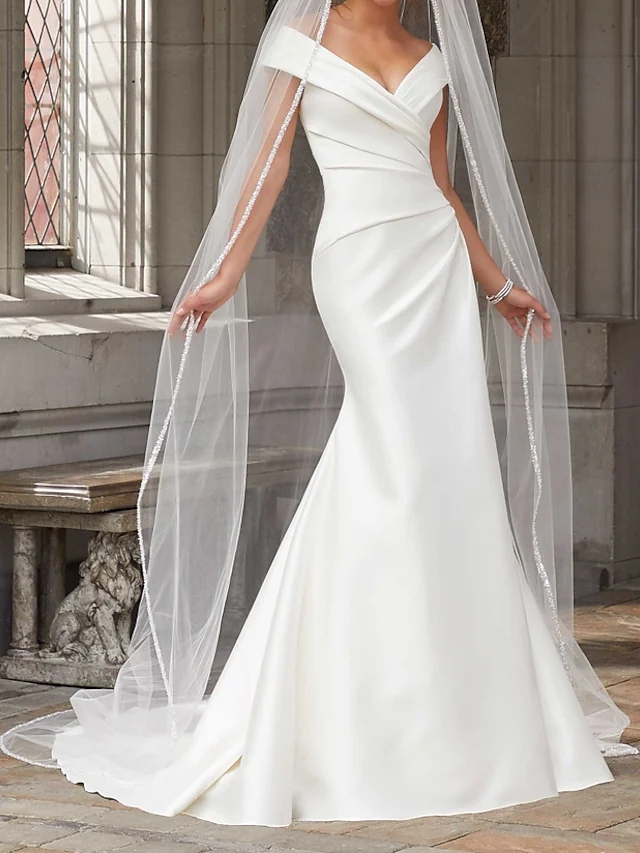 Simple New Mermaid Wedding Dresses Off Shoulder V-neck Ruched Draping Satin Bridal Gown Vestidos De Novia Custom Made 2022 robe de mariage