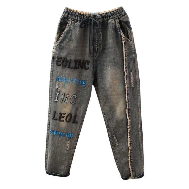 Arrival Spring Fashion Women Jeans Elastic Waist Loose Denim Harem Pants Ladies Ripped Vintage Embroidery letter D108 210512